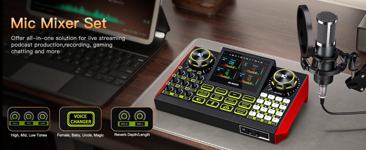 Tenlamp G9 Series Live Streaming Sound Card with Voice Changer, Dual-Level Noise Reduction & Built-in 2000mAh Battery Mixer for Live Streaming, Singing & Video Production (Optional Microphone Kit)