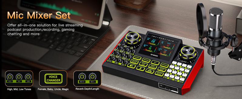 Tenlamp G9 Series Live Streaming Sound Card with Voice Changer, Dual-Level Noise Reduction & Built-in 2000mAh Battery Mixer for Live Streaming, Singing & Video Production (Optional Microphone Kit)