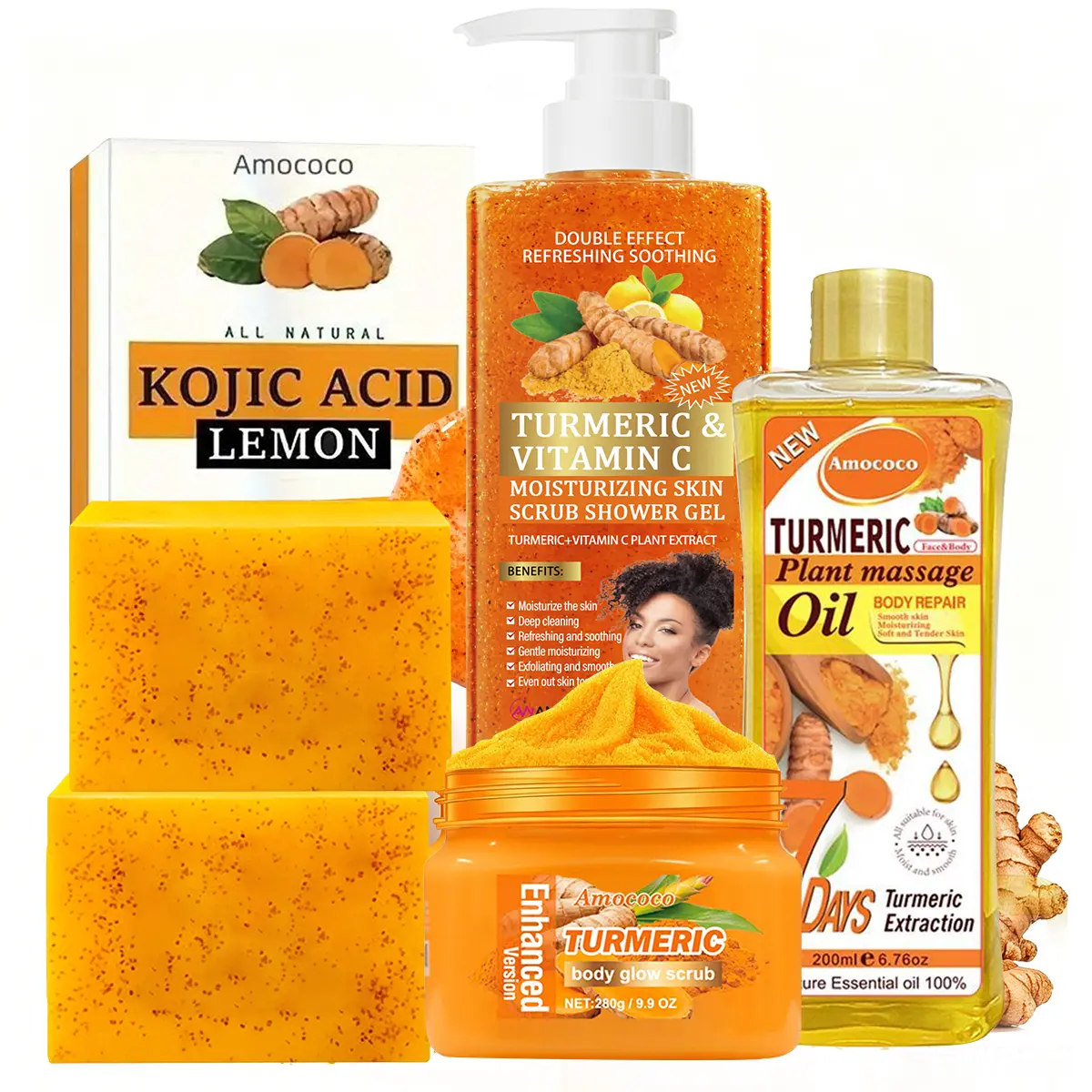 Turmeric Series Full Body Ultimate Care Set | Double Turmeric Soap + Body Wash + 200ml Turmeric Oil， Daily Cleansing Skincare & Full Body Routine Care