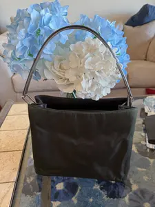 Pre-owned PRADA Nylon and Leather Shoulder Bags Handbag Dark Green and Chocolate Brown with Arched Metal Handle Unique