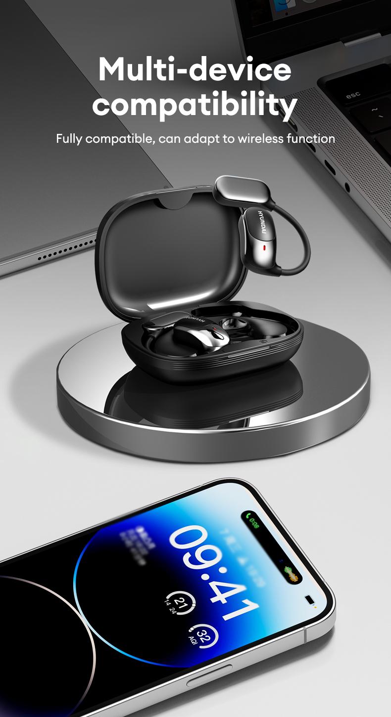 HYUNDAI Fit2 with Built-in 169-Language Translation Wireless Headphones with Electroplated Ear Hook Design – Comfortable, Great Sound, Bluetooth 5.4 Flash Connection, Wireless Earbuds for Music and Calls