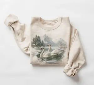 Retro White Swans Winter Lake Scene Sweatshirt - 90s Waterfowl Mountain Forest Nature Gift - Bird Watcher - Boho Unisex Crewneck Sweatshirt