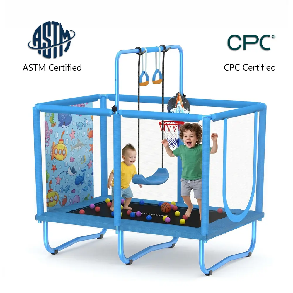 SkyBound 6-in-1 Rectangular Trampoline 36×55in, Indoor & Outdoor Children Physical Training Jump Equipment with Safety Enclosure Net, Basketball Frame, Swing, Gym Rings & Training Balls, 250LBS Static Load, Tool-Free Assembly Workout Gear for YouthAges 3+