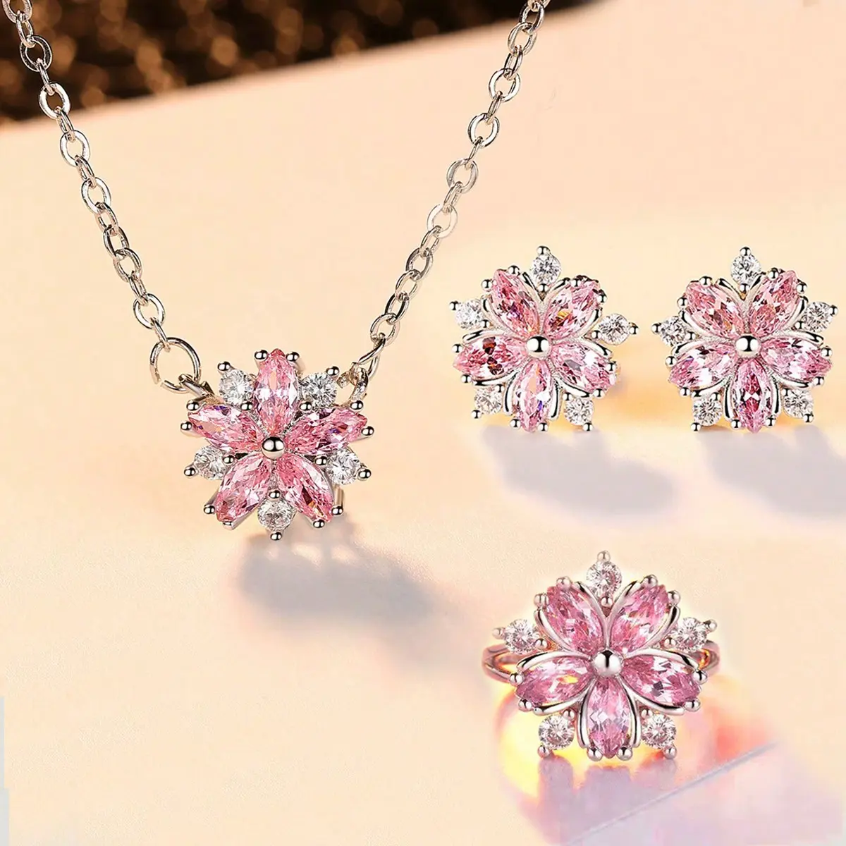Women's Pink Cherry Blossom Costume Jewelry Set - Elegant Light-Luxury Style, Synthetic Zircon, Geometric Flower Design, Pendant, Ring, Necklace, Stud Earrings, Romantic Wedding Gift for Females