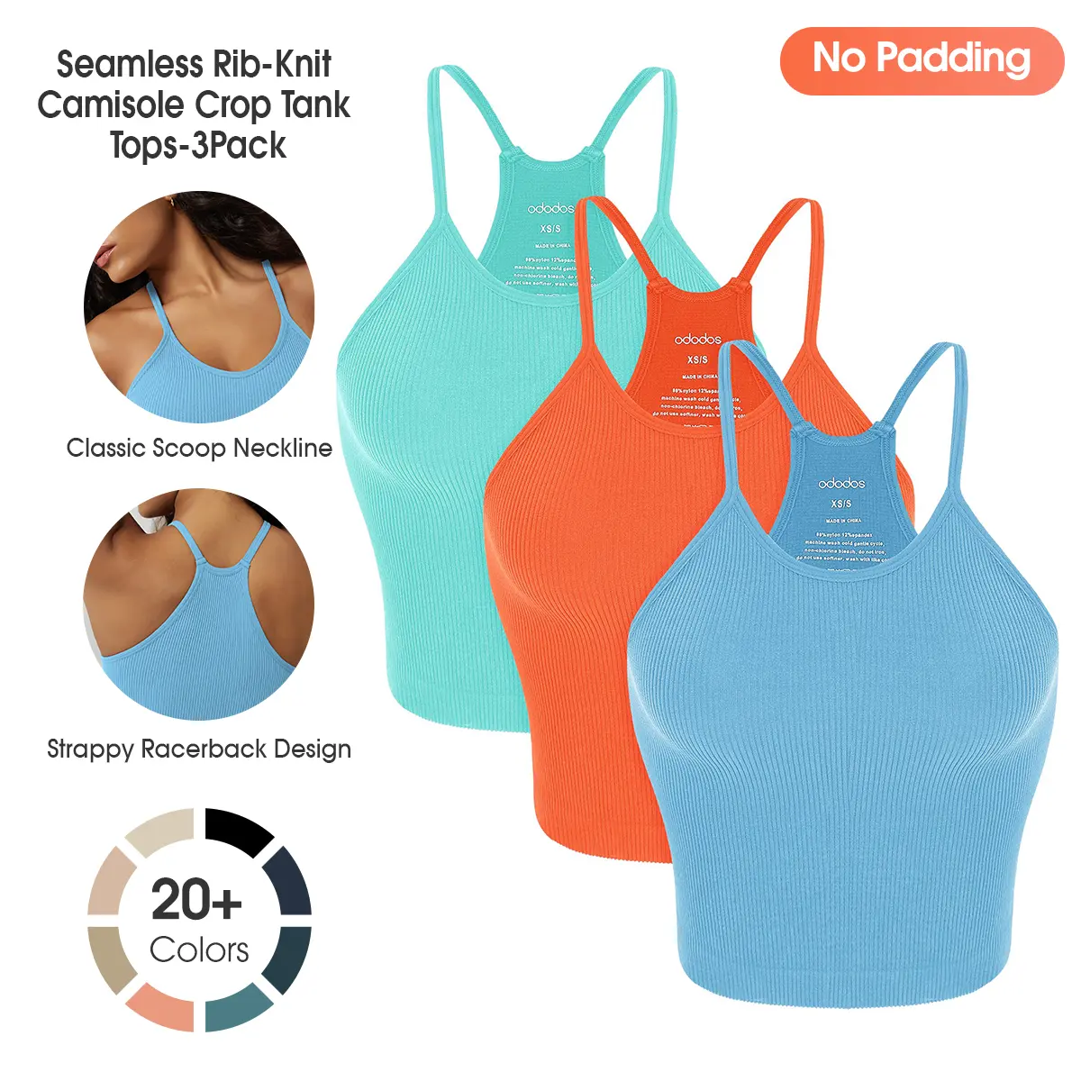 ODODOS Women's Crop 3-Pack Seamless (No Padding) Rib-Knit Camisole Waist Length Crop Tank Tops, summerwins,back to school,back to school shopping