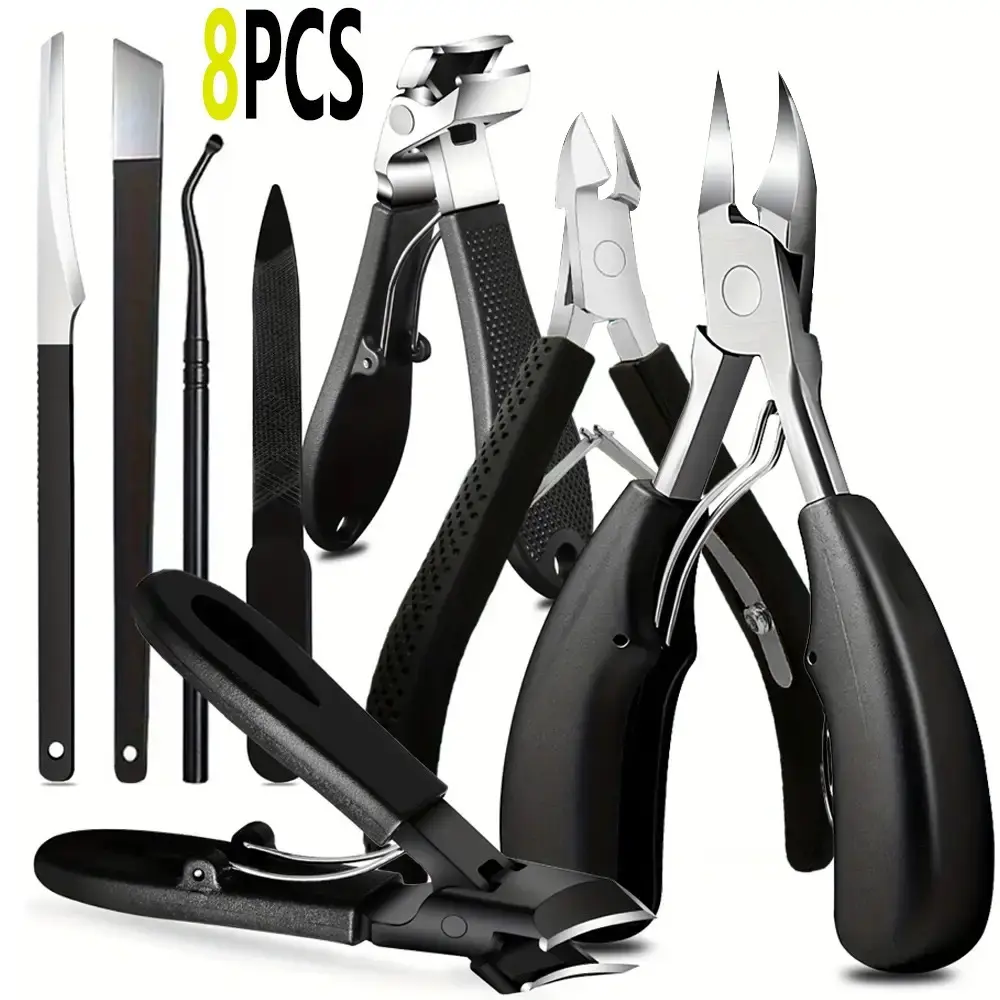 8-Piece Nail Clippers Set for Seniors, Curved-Blade Wide-Mouth Angled Nippers with Ergonomic Comfort-Grip Handles, Unisex Manicure Kit, Nail Care Tool, Nail Tools