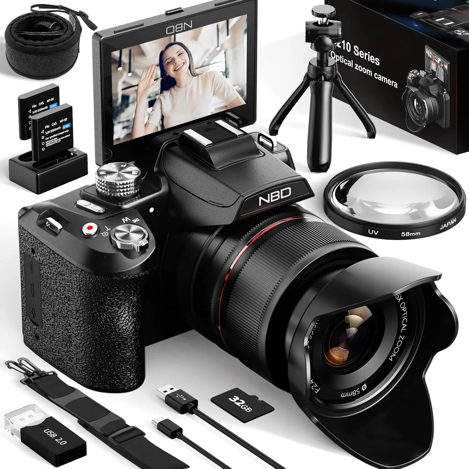 NBD 64MP Digital Cameras for Photography,5K Vlogging Cameras for YouTube,16X Optical Zoom Travel Point and Shoot Digital Cameras Fotograficas with 180°Flip Screen,58mm UV Lens,2 Batteries, Flash, Memory,