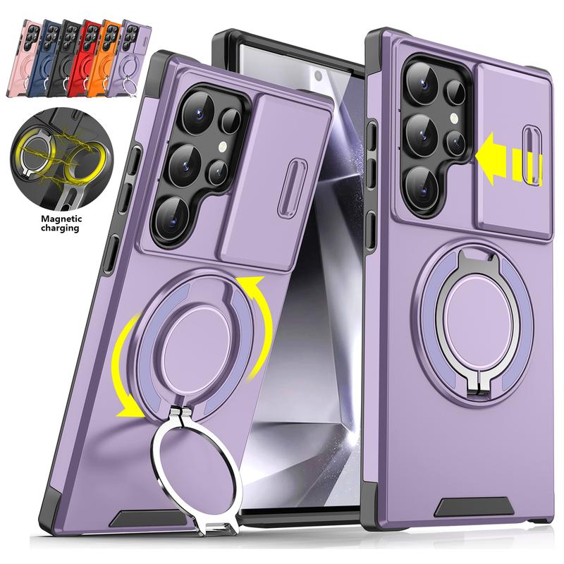 [Free!!Ship!] Slide Camera Lens Protective Case for Samsung Galaxy S25 Ultra S24 S23 S22 S21 Mag Safe 360 Degree Ring Kickstand Shockproof Phone Cover