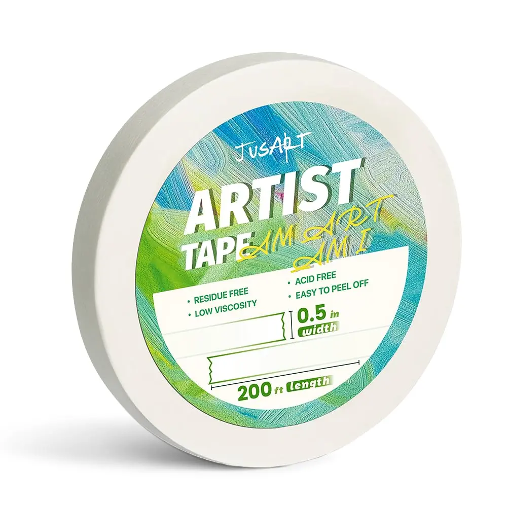 JusArt Self-Adhesive Translucent Pulp Artist Tape - 0.5" Width, 200 ft Long, White, Low-Tack, Invisible Adhesive, Residue-Free, Acid-Free, Bleed-Proof, Easy-to-Peel Masking Tape for Painting, Watercolor Paper (Office Stationery), Sticky Tape