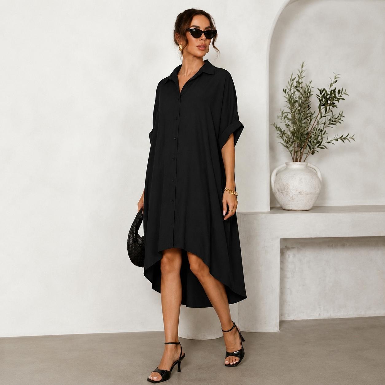 Elengatine Women Sexy Black Shirt Dress, Classic Turn Down Collar Button Up Dress, Short Sleeve Midi Dress with Curved Split Hem, Chic Baddie Aesthetic Streetwear, Casual Loose Flowy A Line Summer Sundress Elegant Polyester