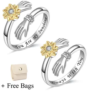 2PCS Hug Ring for Daughter Sunflower Design Silver Open Adjustable Inspirational Jewelry with Engraved Message Always With You Calming Accessory for Women Birthday Gifts