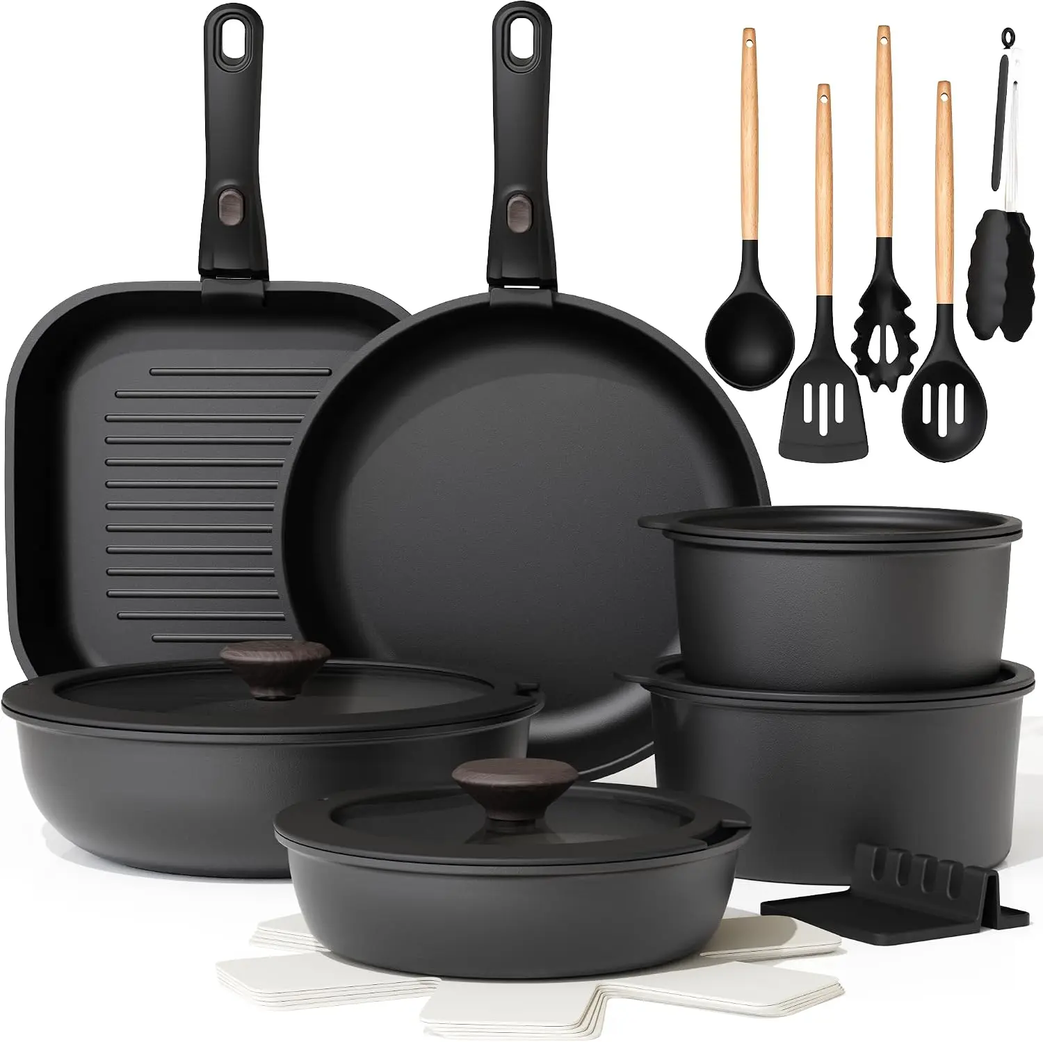 Astercook 22 Piece Pots and Pans Set Non Stick, Cookware Set with Detachable Handles, Induction Compatible & Oven Safe, Stackable Space-Saving Kitchen Cooking Set for RV, Camping & Home, Black