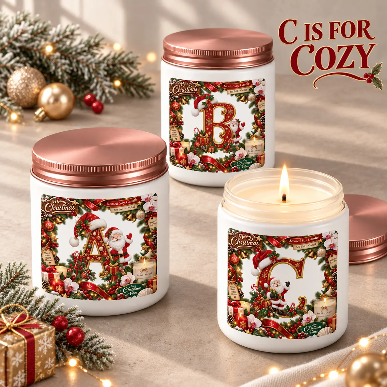 Christmas Initial Scented Soy Candle, A-Z Letter Candle With Festive Holiday, Christmas Soy Wax Candle, Personalized Style Monogram Home Decor, Cozy Winter Fragrance Gift For Women Mom Wife Sister Friends Family, Christmas Birthday Holiday Gift