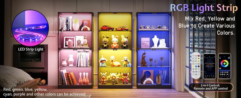 VanAcc Display Cabinet with RGB Lights, 4-Tier Storage Display Case for Collectibles, Adjustable Shelves, MDF and Tempered Glass, Black