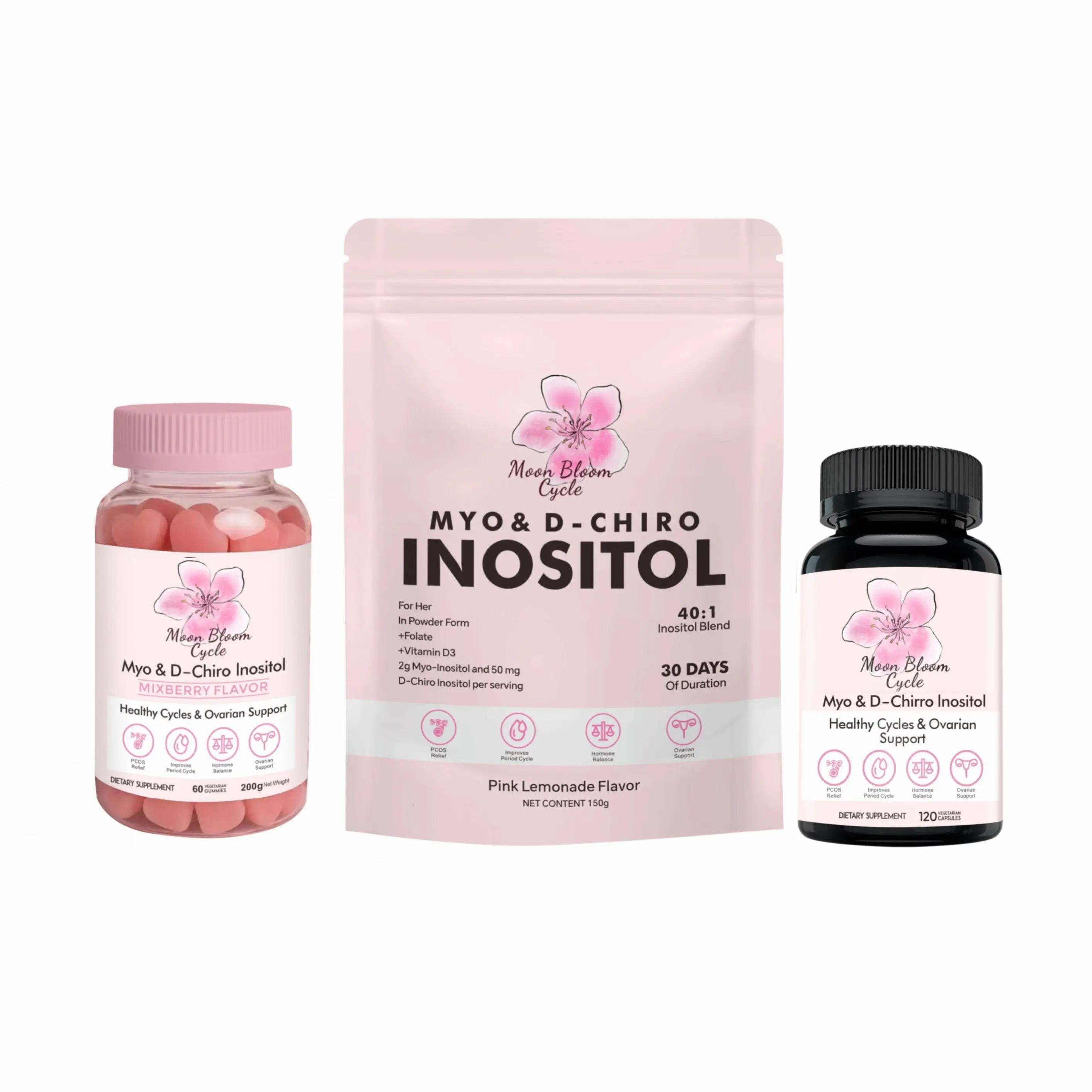 Moon Bloom Cycle 3-Month Supply Bundle PCOS Support (Gummies + Pills + Hormonal Balance Powder)