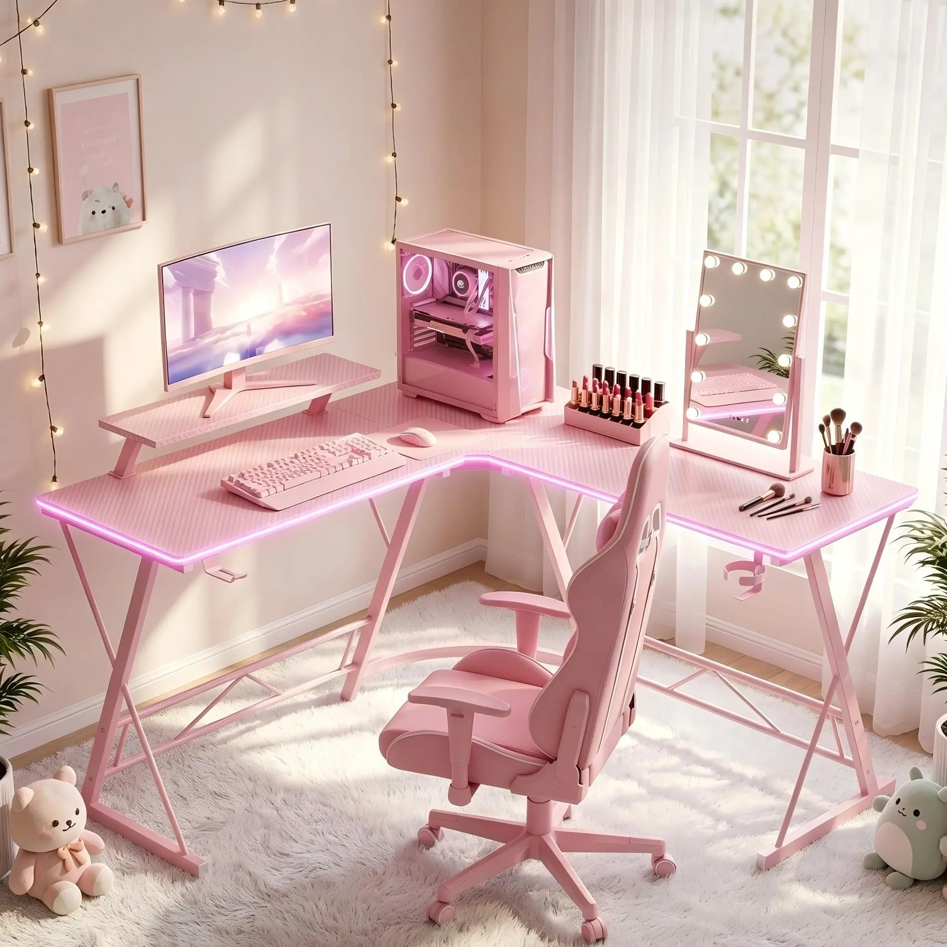 Mr IRONSTONE Pink RGB Gaming Table - 51 Inch Home Office Furniture, L-Shaped Corner Unit with Carbon Fiber Surface, Large Monitor Stand, LED Lights, Metal Frame, Easy to Assemble for Bedroom (RGB Gaming Desks & Workstations)