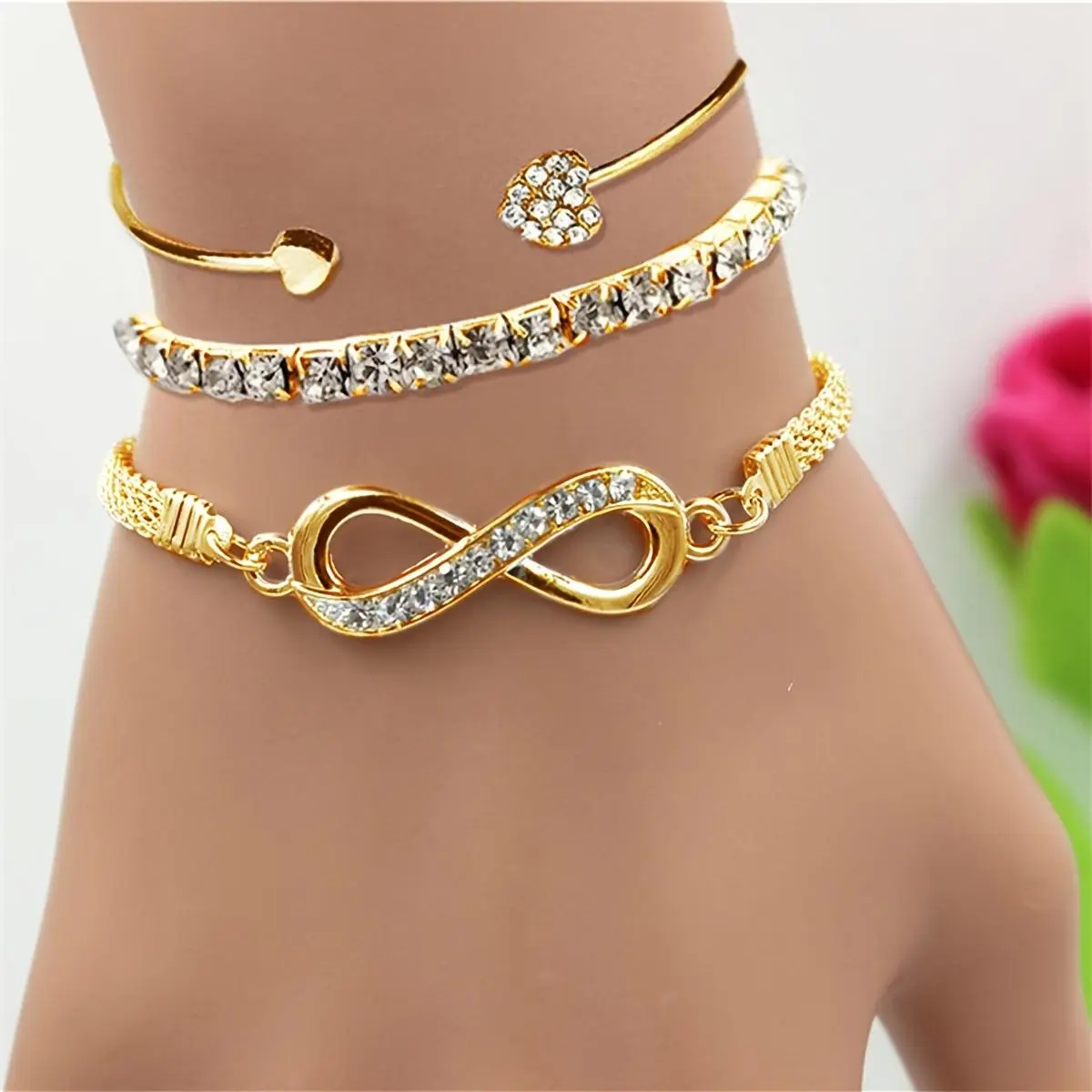 18K Gold Plated 3pcs Women's Bracelet Set | Rhinestone Infinity Symbol + Tennis Chain + Open Bangle, Fashionable & Elegant, Versatile for Daily Wear, Eye-Catching for Parties, Thoughtful Gift for Girlfriend, High-Quality Set