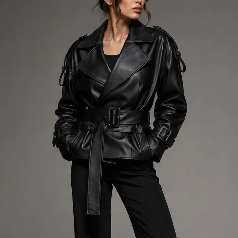 Women's Genuine Leather Cropped Trench Jacket – Black Belted Real Leather Moto Coat with Long Sleeves
