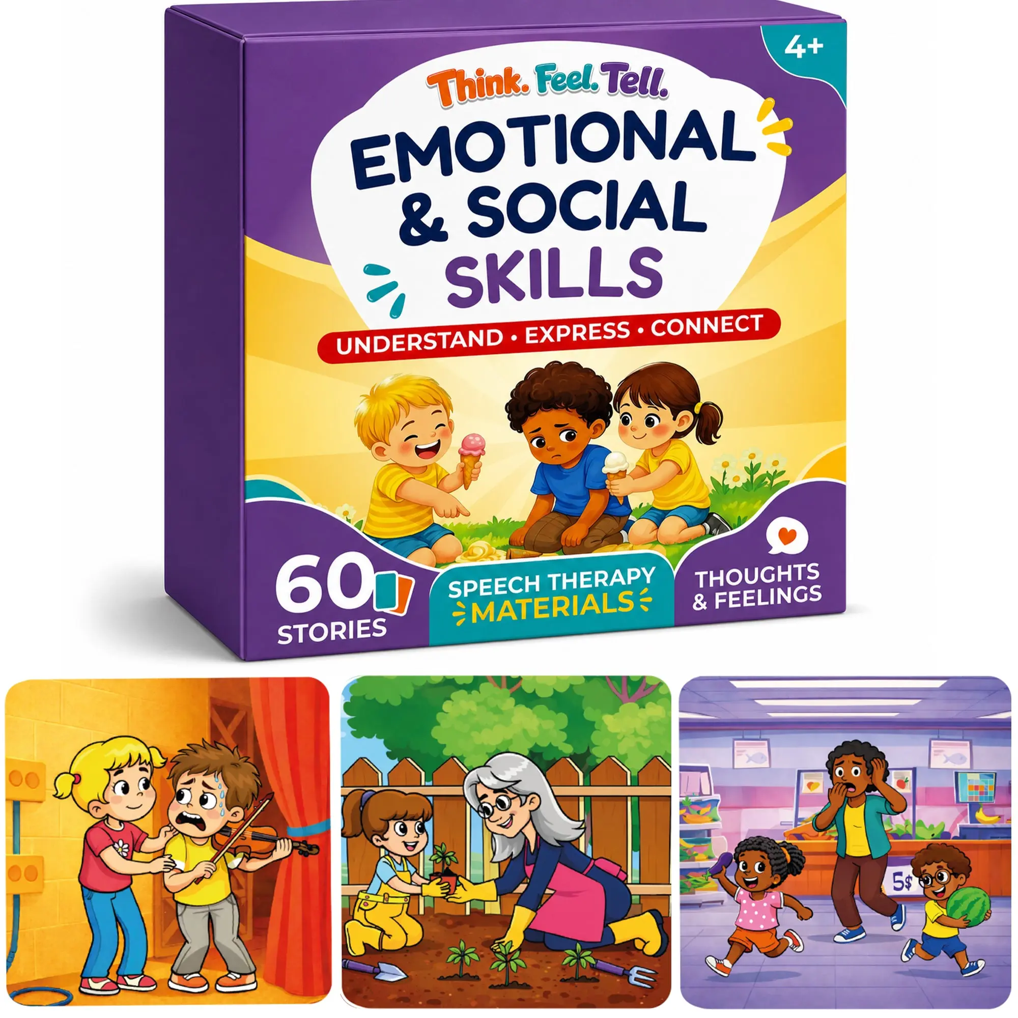 QUOKKA Emotional & Social Skills Story Flash Cards for Kids Ages 4+ - 60 Cards with 360 Questions, Speech Therapy Materials for Feelings, Empathy, Communication