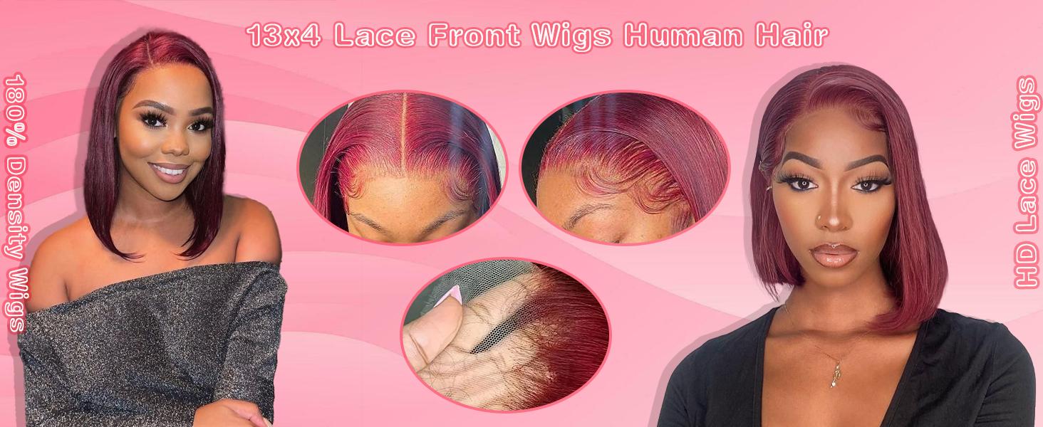 Human HaIr Wigs 13x4 Lace Front Wigs for Black Women 99j Burgundy Bob Wig  Straight Burgundy Human Hair Pre Plucked 180% Density Transpaent Lace Frontal Wig 99j Short Bob 10 inch