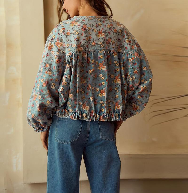 Chouyatou Women's Spring & Autumn Floral Denim Jacket Y2K Casual Loose Short Coat with Pockets