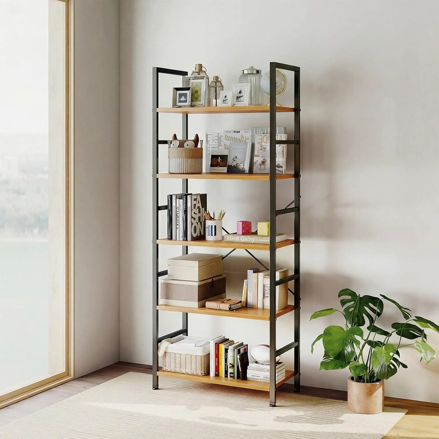 62 Inch Tall CD DVD Storage Rack, 5 Tier Media Shelf Organizer, Metal Frame Bookcase for CDs Movies Games Books, 30LBS Per Shelf, Wood/Gray