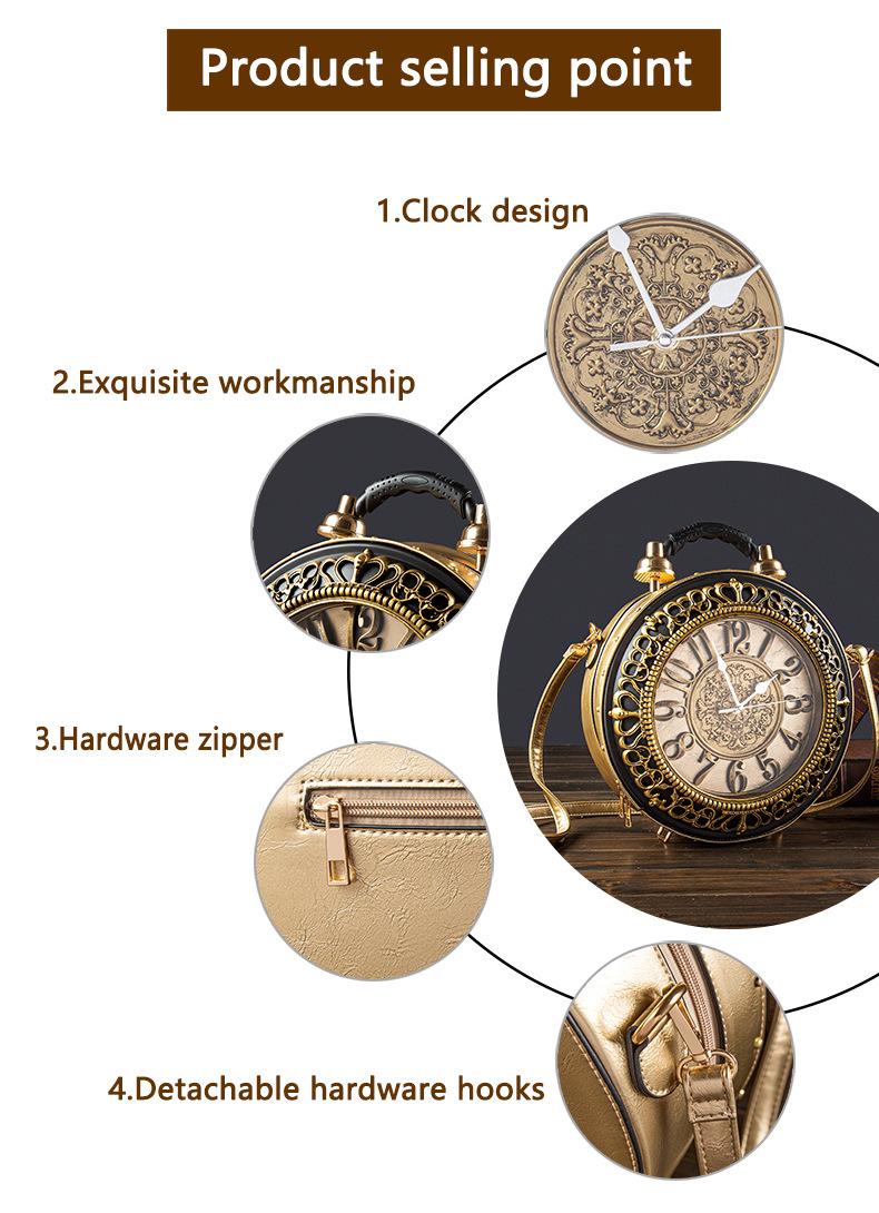 Ladies' Retro Roman Digital Clock Face Crossbody Bag with Adjustable Straps Golden Hardware Zipper Closure Bell-shaped Design Large Dial Black Hands Casual Flap Pocket