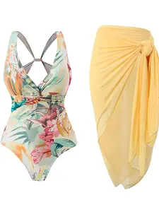 Women's Plant Pattern Two-piece Set with Deep V-neck One-piece Swimsuit for Vacation Beach Sun Protection Swimsuit for Women