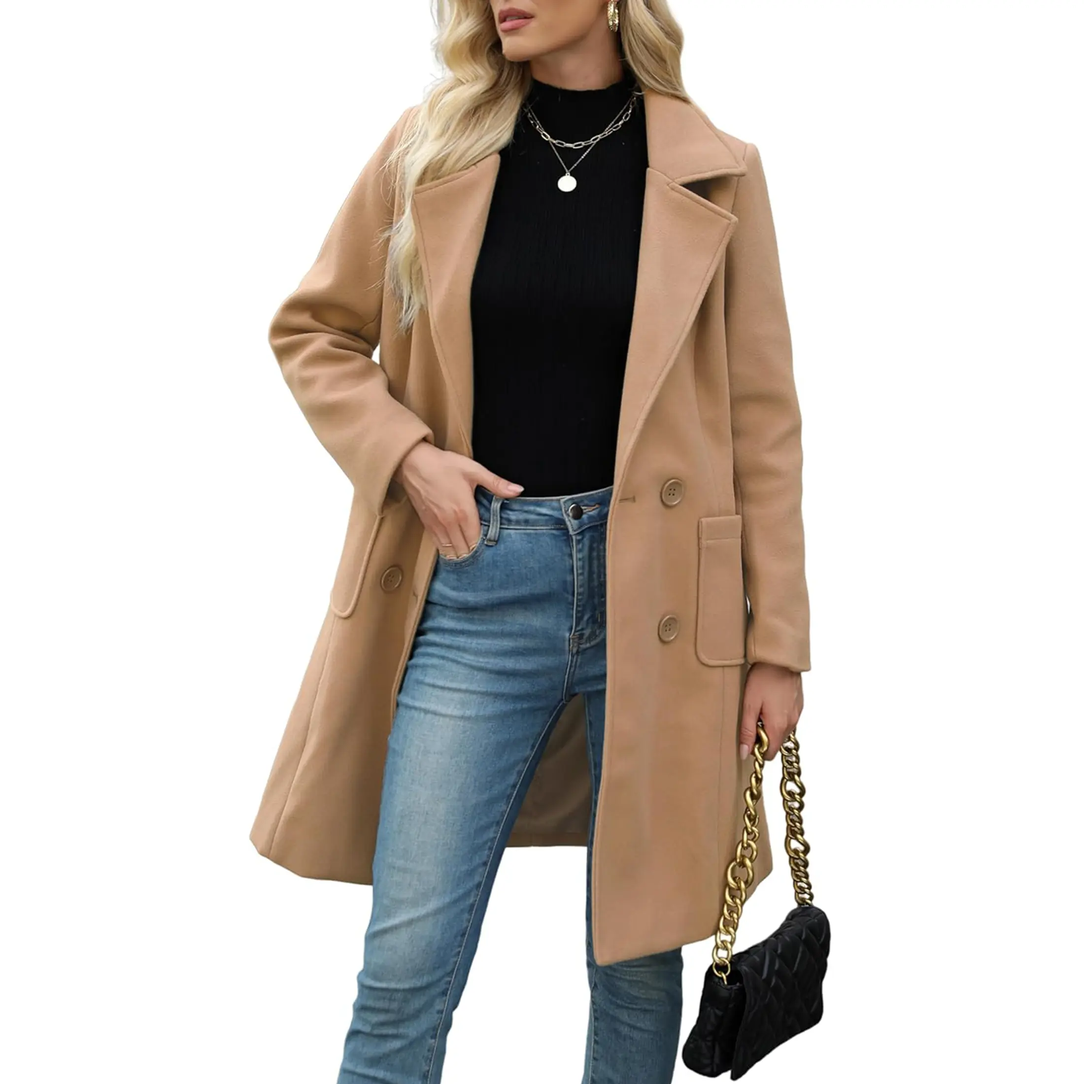 Bienmorn Women's Mid-Long Camel Wool Blend Pea Coat - Double Breasted, Notch Lapel, Casual Button-Front, Chic Warm Classic Old Money Elegant Outerwear Jacket