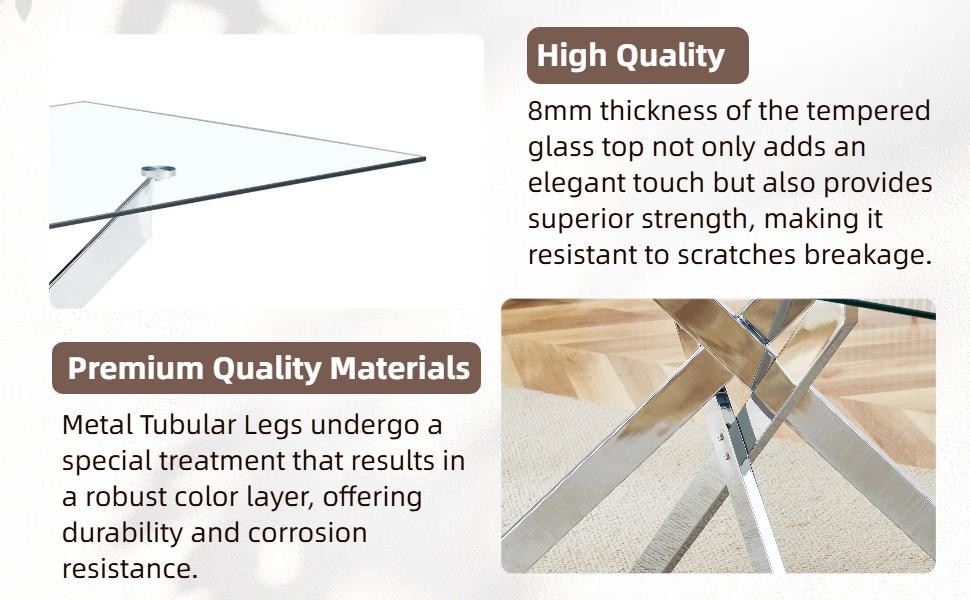 51.18 "Rectangular Glass Dining Table with Clear Tempered Glass, Golden Plated Tubular Metal Legs with Adjustable Leveling Feets, Kitchen Table for Dining Room,Dinner Table（ONLY TABLE）