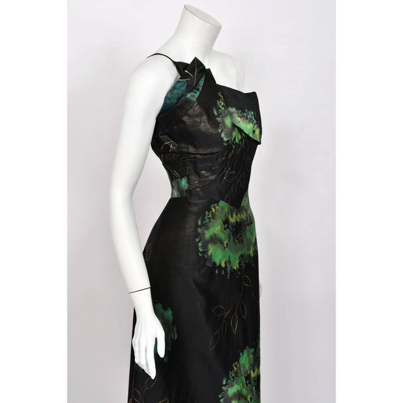1950 Irene Lentz Couture Metallic Green & Black Floral Silk Sculpted Bustier High-Low Gown