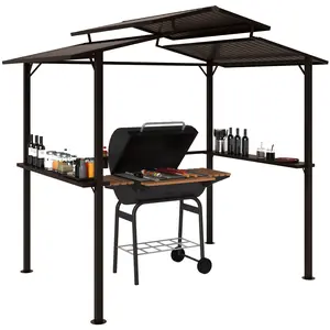 Outsunny 8' x 5' Hardtop Grill Gazebo with Double Metal Roof, 2 Side Shelves and 4 Cup Holders, Outdoor BBQ Gazebo, Grill Canopy for Patio Backyard Lawn Deck