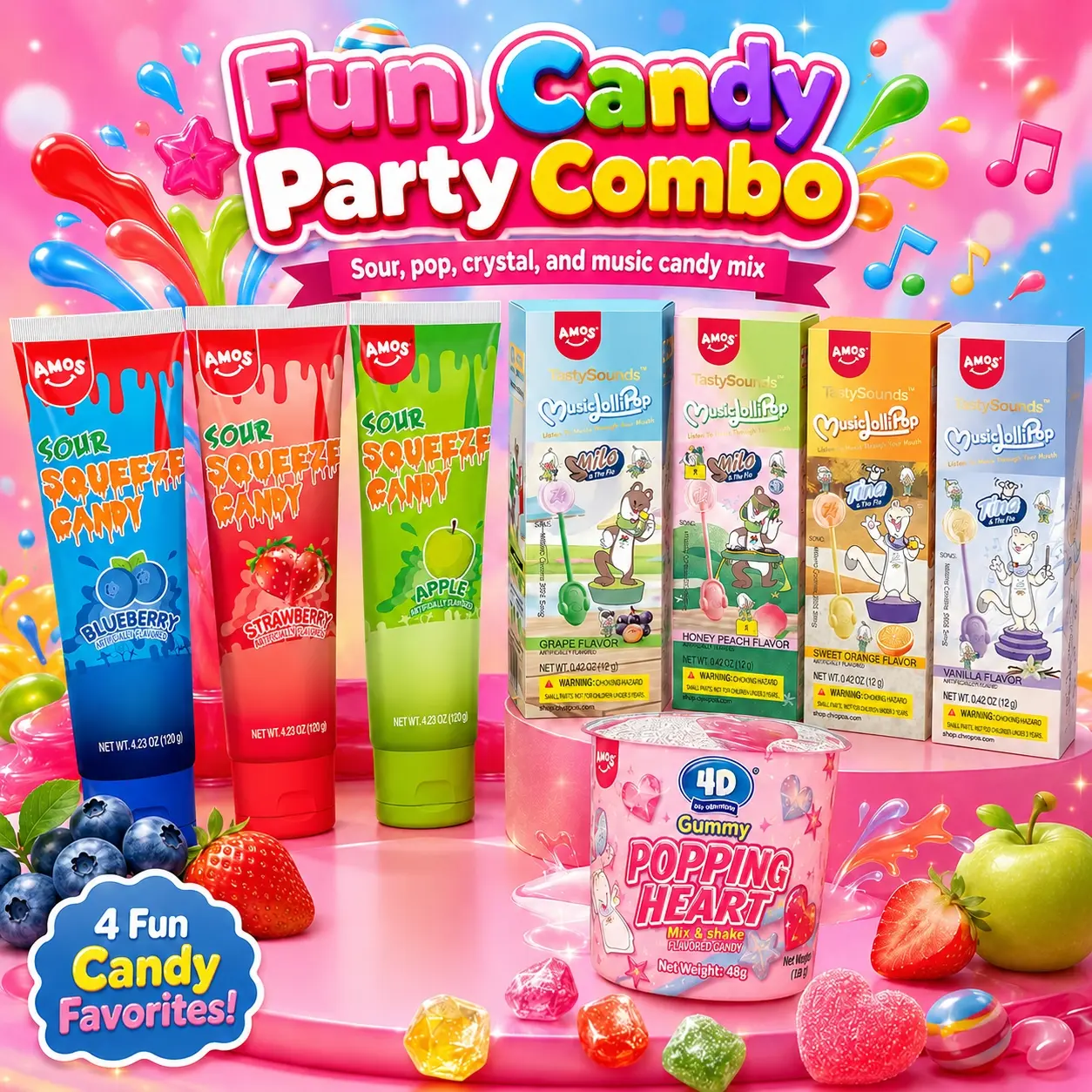 AMOS Fun Candy Party Combo, Sour Squeeze Candy, TastySounds Music Lollipop & Popping Heart Gummy Mix, Sweet Sour Crystal Pop Party Treats, 7 Pack Gift Box!