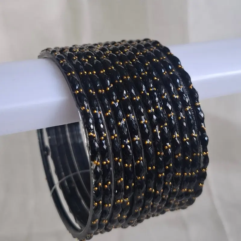 Raindrop Glass Bangles 12pcs Set Black Elegant with Gold Accents Stylish Accessory for Women Fashionable Jewelry