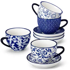 vancasso Selene Cappuccino Cups with Saucers Set of 4, 240 ml Porcelain Coffee Cups, Vintage Blue & White Design, Microwave & Dishwasher Safe