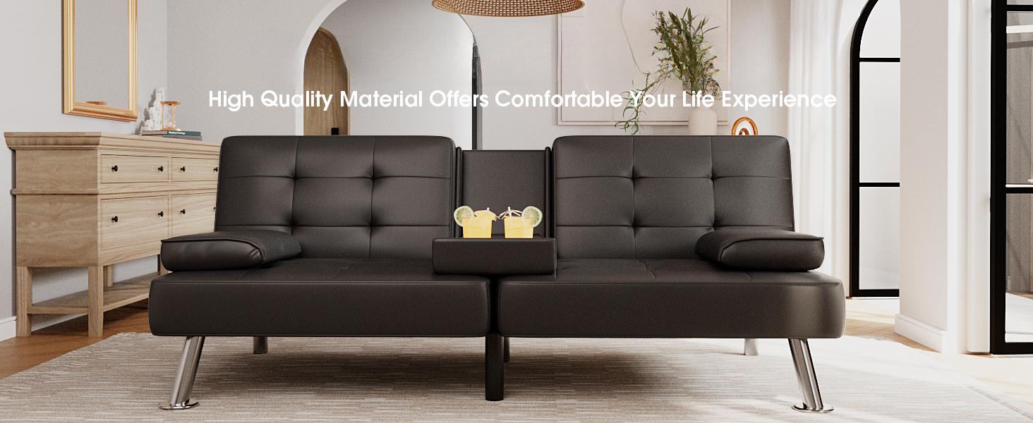 Futon Sofa Bed, Leather Futon Couch with Removable Armrests, Adjustable Recliner Sleeper Sofa Bed with Dual Cup Holders for Living Room, Apartment, Office (Black)