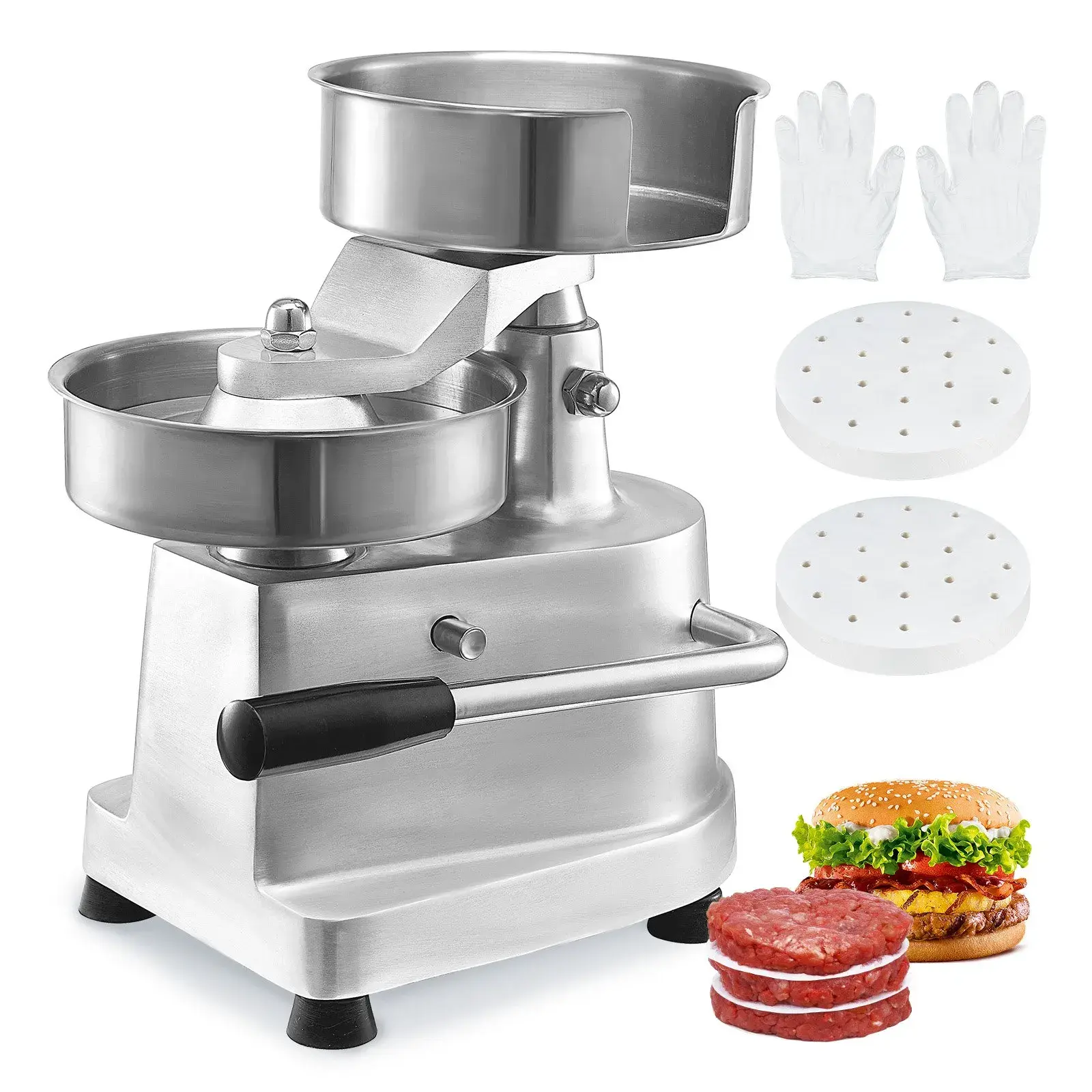 Commercial Heavy-Duty Burger Patty Maker – 150mm/6'' Stainless Steel Hamburger Press, Food-Grade Meat Former with 1000 Non-Stick Patty Papers