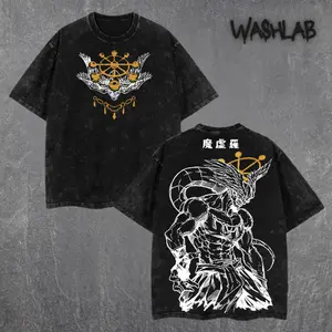 Retro Vintage Mahoraga JJK Anime T-Shirt: Space Bounty Hunter Double Sided Print Oversized Acid-Washed Heavyweight Cotton T-Shirt – Unisex Anime Manga Tee, Perfect Gift for Anime Fans and Lovers Menswear Tops Soft