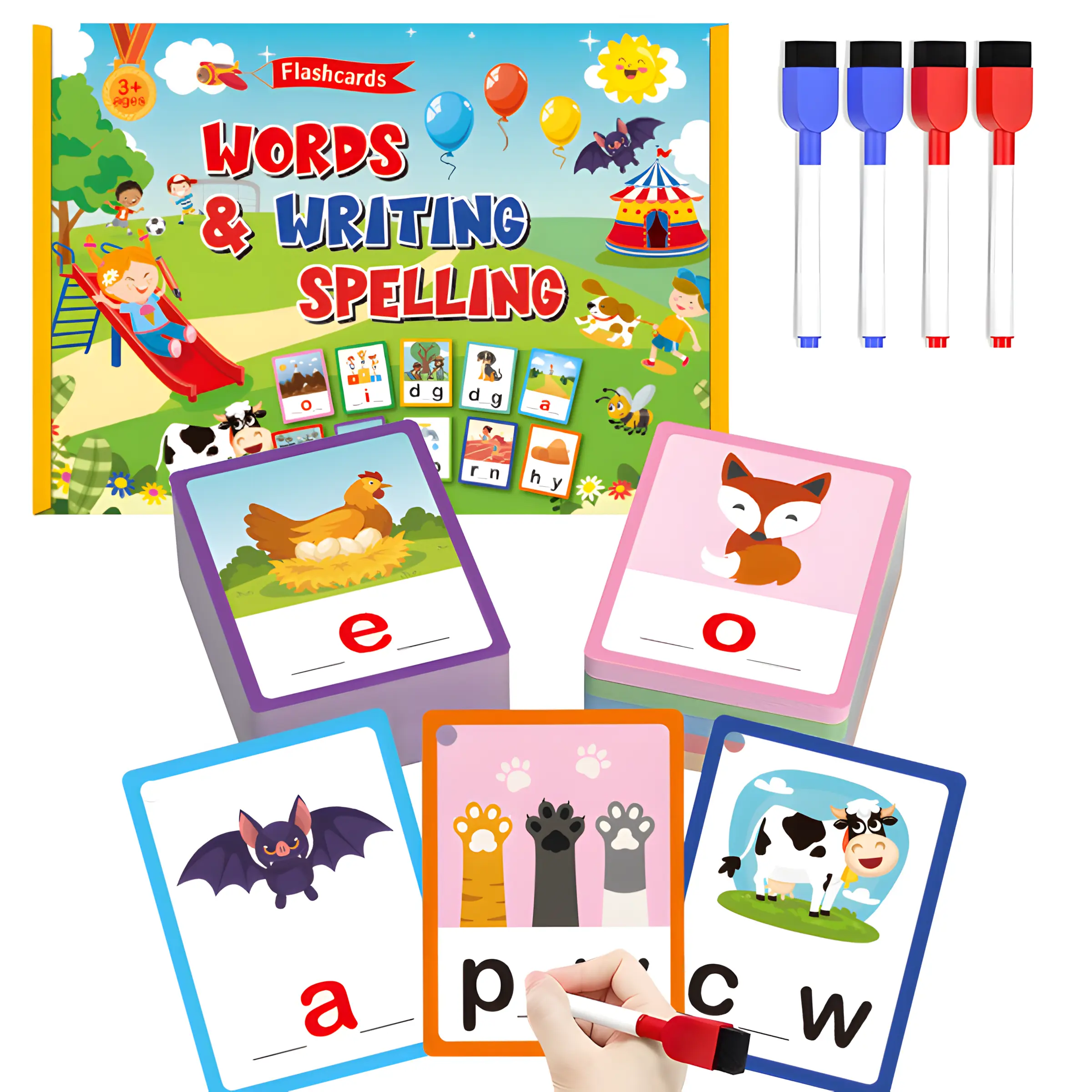 100 PCS Reusable CVC Sight Words Flash Cards - Phonics Spelling Writing Game, Vocabulary Flashcards, Preschool Kids Educational Toy for Homeschool Learning, Ideal Birthday Gift