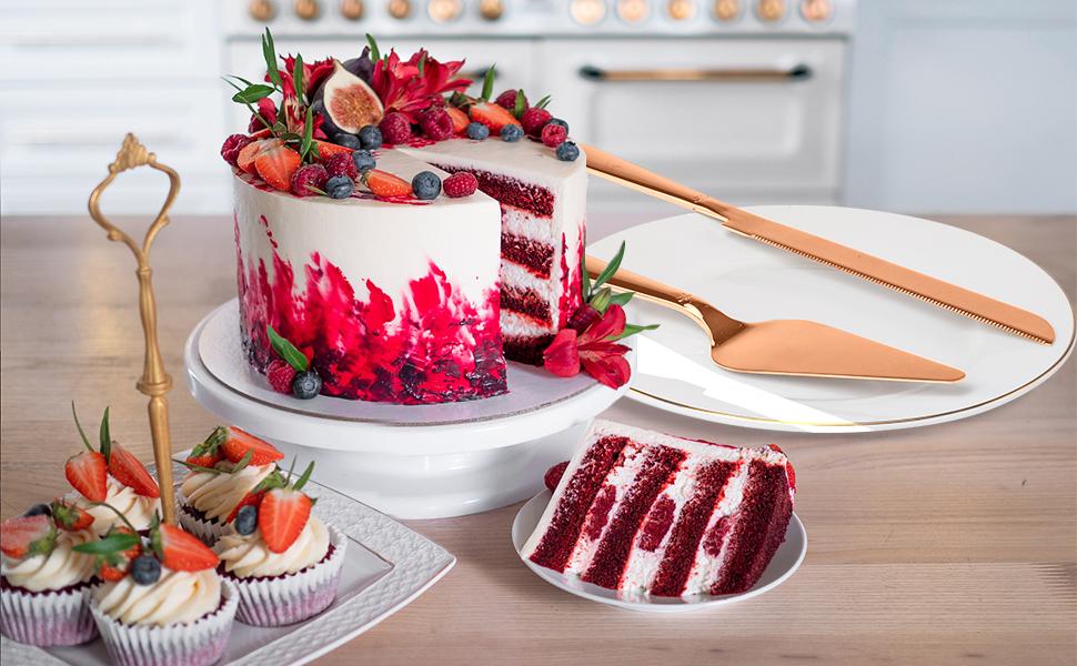 Cake Cutting Set for Wedding, Elegant Cake Knife and Server Set with Thickened Stainless Steel and Rounded Edges, Cake Cutter and Pie Spatula for Birthday Anniversary Christmas Gift Set of 2, Silver Bakeware Utensils