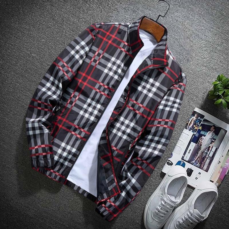 Men's lightweight hooded (stand-up collar) jacket, zip-up windbreaker, with adjustable drawstrings and color-block stripes, stylish for spring and autumn, casual men's outerwear, customizable personalized jacket, fashionable khaki plaid design