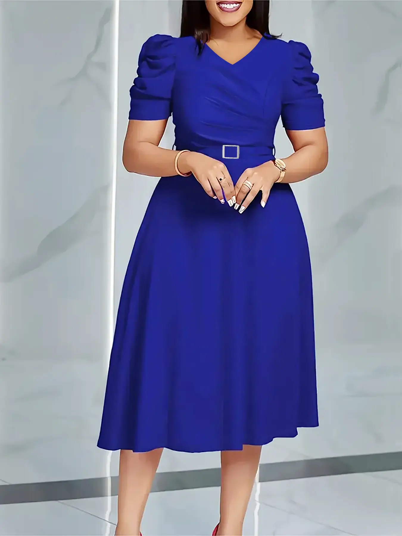 Lady's Elegant V-Neck Plain Short Sleeve Belted Office Workwear Dress - Front Zipper, Ready-To-Wear Women's Business Clothing, Office Chic, Flattering Belt