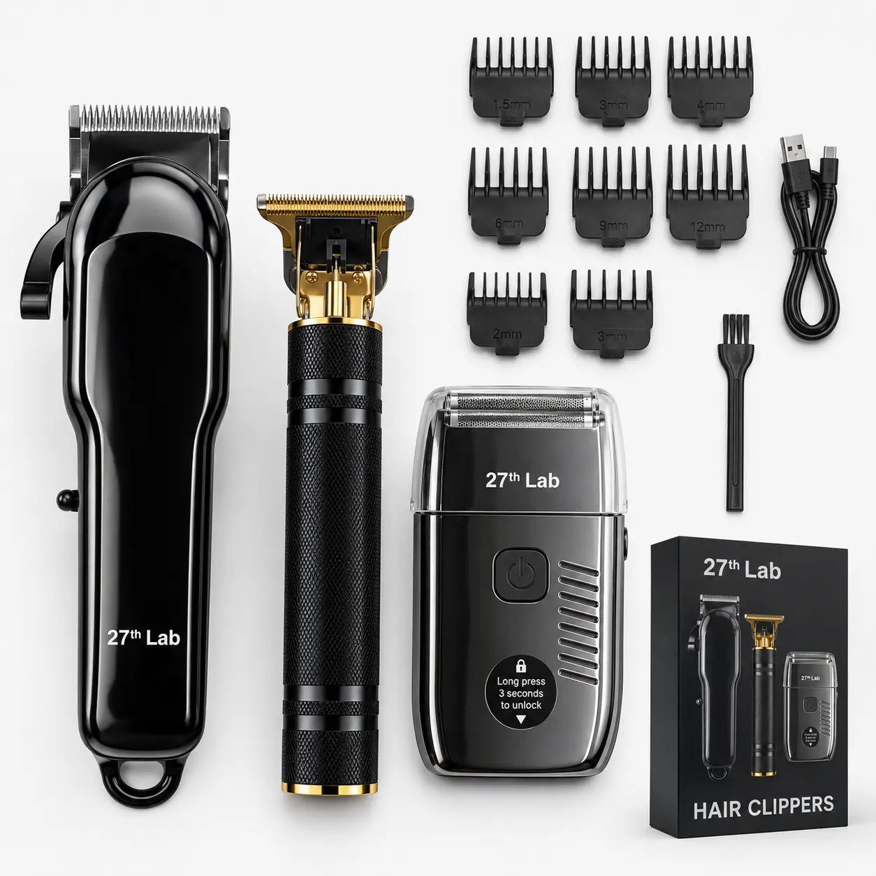 3 Piece Professional Blonde Hair Clipper & Trimmer Kit for Men USB Rechargeable Barber Set Featuring LCD Display, Adjustable Blade Hair Clippers, and Professional Men's Trimmer Hair Cutting Kits
