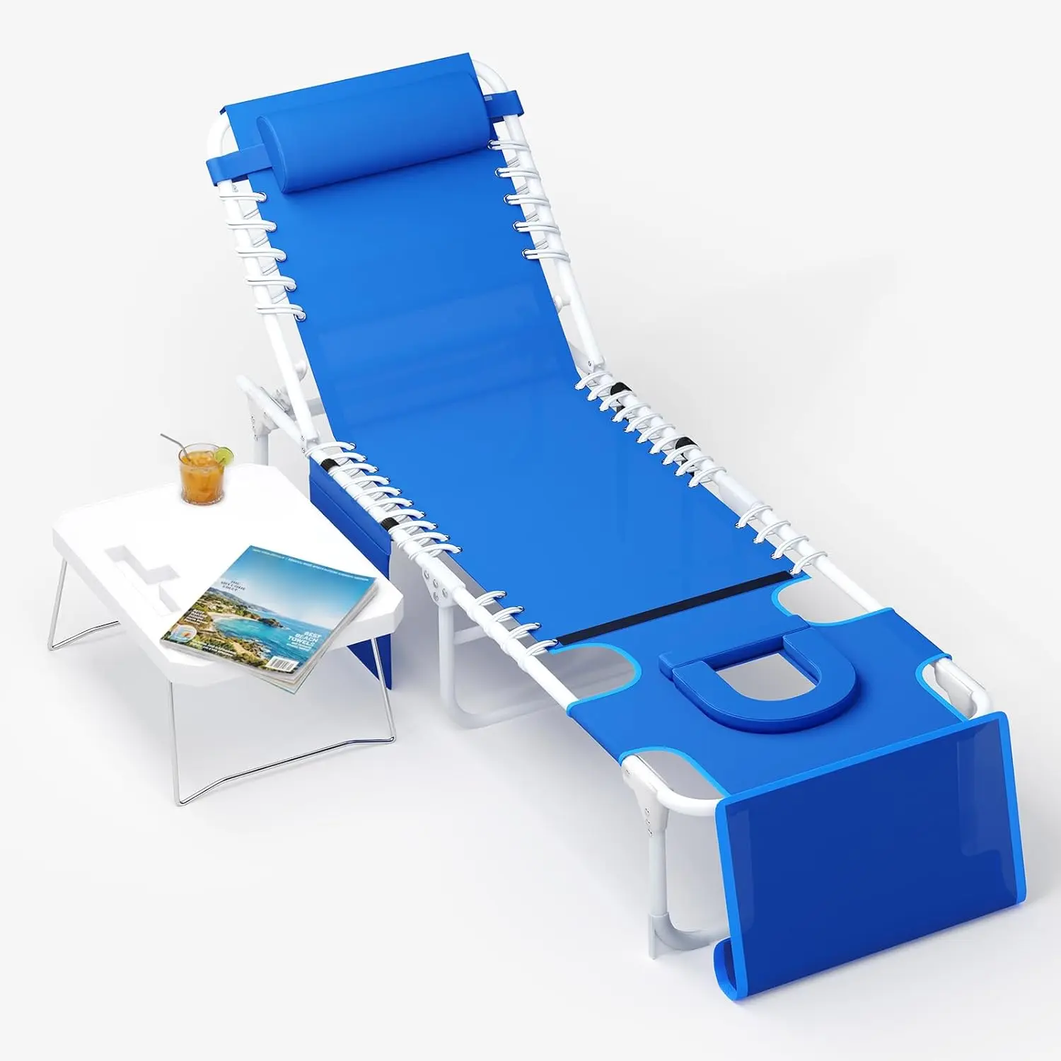 Adults' Blue Portable Textilene Tanning Chair with Face Hole - 3-in-1 Ergonomic Stable Sunbathing Chaise Lounge, 5 Reclining Positions, Armrest, Removable Pillow, Folding Table, Tool-Free Setup, 330lbs Max Capacity, Poolside Outdoor Patio Chair, Tanning P