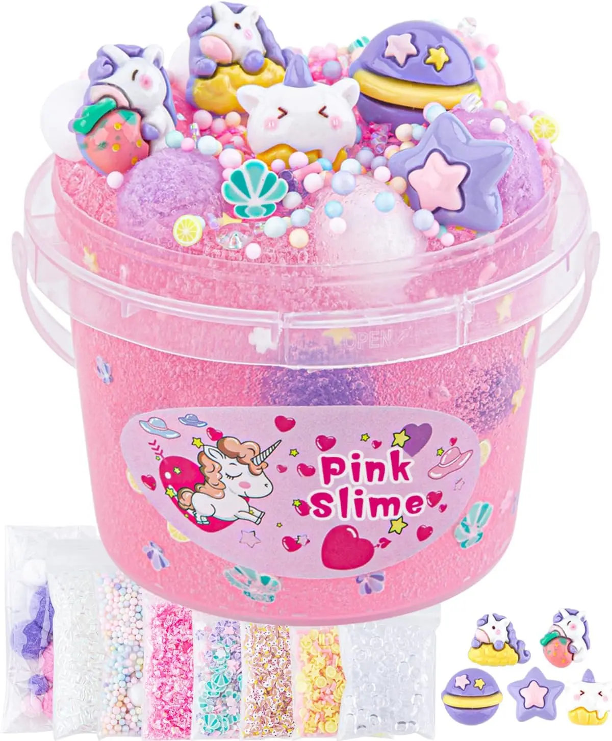 Summer Gift 10oz Unicorn Slime Kit  | Pink Clear Slime Bucket with 9 Fun Add-Ins | DIY Sensory Toy & Party Favor for Kids Ages 8–12