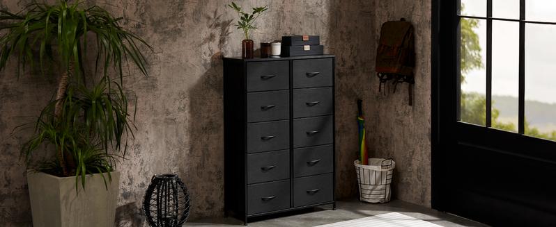 Sweet Furniture F Dresser - Fabric Storage Tower with 10 Drawers, Bedroom Drawer Dresser Organizer, Chest of Drawers with Fabric Bins, Steel Frame and Wood Top for Bedroom, Closet, Entryway Assembled