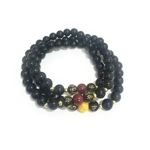 Fududu Bracelet - Deep Black & Vibrant Red Multi-wrap Prayer Beads with Golden Accents for Eastern Charm & Versatile Wear