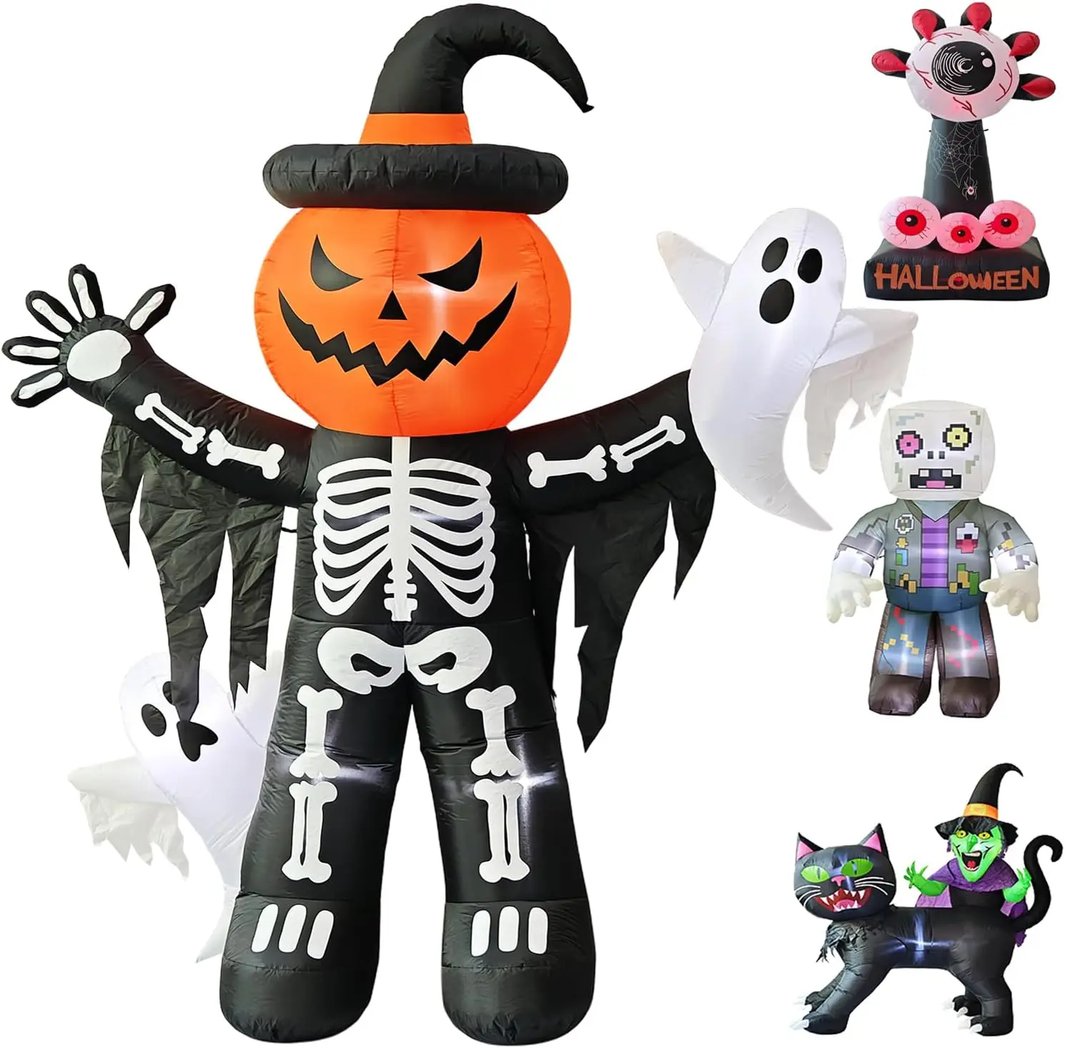 LANGXUN 8ft Skeleton Pumpkin with Ghosts 2025 Halloween Inflatable Decorations - Giant LED-Lit Outdoor Indoor Yard Decor for Lawn, Garden, Patio Holiday Partiesspooky season decor, spooky yard decor, halloween yard decor, halloween gift for him and her, 2