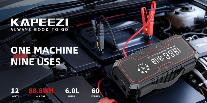 【Kapeezi】 Portable Car Emergency Starter  Suitable for all gasoline engines and 6L diesel engines. 160PSI Tire Inflator 12V Battery Starter 18000mAh Power Bank with LED Light.