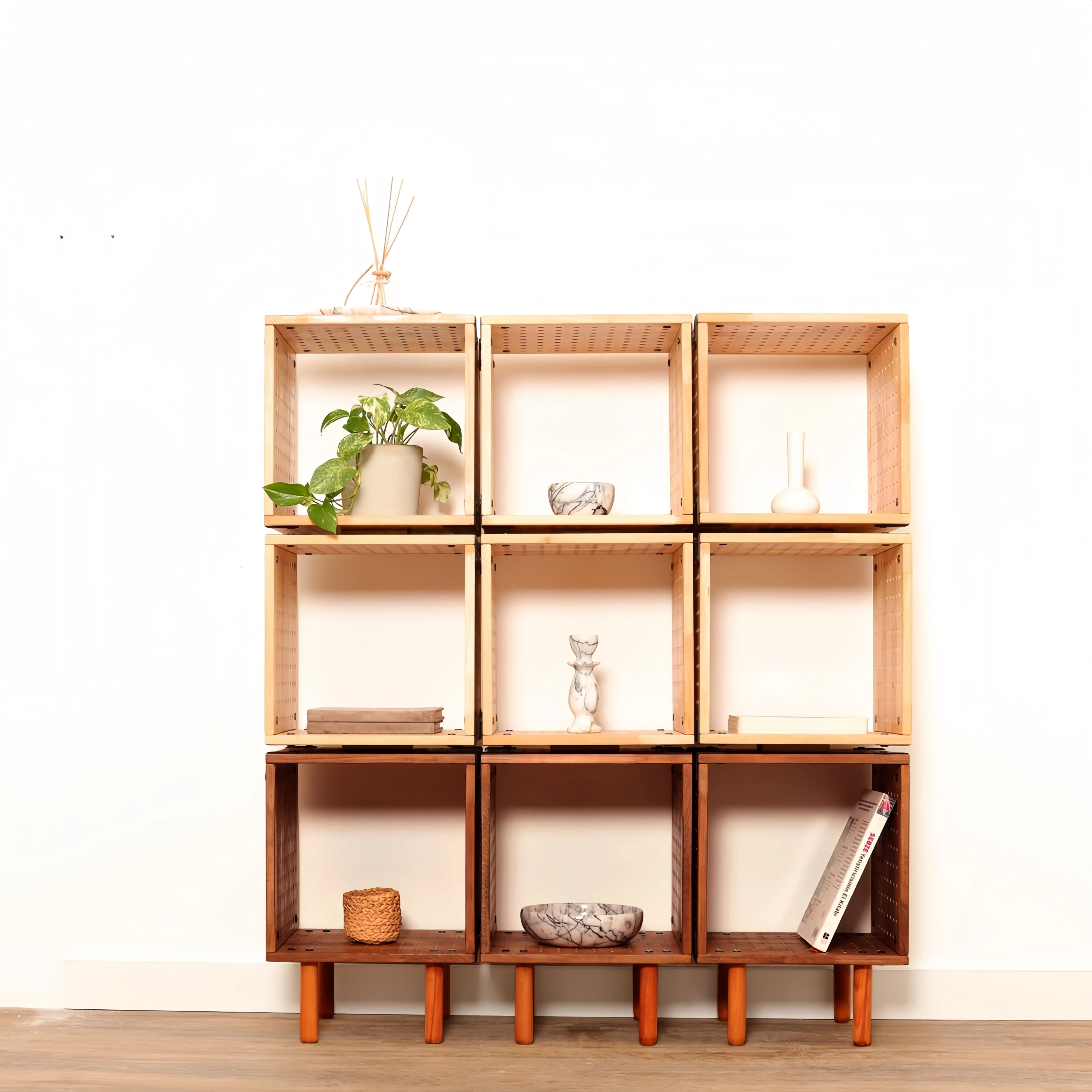 Contemporary Modular Pegboard Wooden Cube Shelving System - 2-Tone Finish, Adjustable, Tool-Free Organized Setup, Integrated Side Pegboards, Stackable Customizable Countertop Home Organizer for Bedroom Collectibles